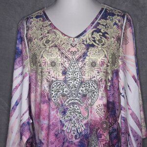 Vintage Woman Top Colorful V-Neck L Studded Accents Fleur-De-Lis 3/4 Sleeve
